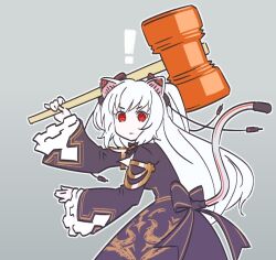 Rule 34 | !, 1girl, @ @, \||/, animal ears, black dress, cat ears, cat girl, cat tail, closed mouth, commentary request, cowboy shot, dress, from side, grey background, hammer, hand up, holding, holding hammer, long hair, long sleeves, looking at viewer, looking to the side, magari (c0rn3r), mechanical ears, mechanical tail, nora cat, nora cat channel, pinky out, red eyes, serious, simple background, solo, tail, tail raised, toy hammer, two side up, v-shaped eyebrows, virtual youtuber, white hair, wide sleeves