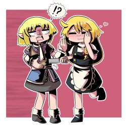 Rule 34 | !?, 2girls, :3, absurdres, apron, arm warmers, black footwear, black skirt, black vest, blank stare, blonde hair, blush stickers, bow, braid, brown shirt, closed mouth, commentary request, cookie (touhou), flat chest, frilled apron, frills, full body, grey skirt, hand on own cheek, hand on own face, hand up, heart, highres, holding, holding knife, joker (cookie), kirisame marisa, knife, long hair, looking at another, mary janes, medium bangs, mizuhashi parsee, multiple girls, open mouth, outline, pink background, pointy ears, puffy short sleeves, puffy sleeves, red bow, sash, scarf, shirt, shoes, short hair, short sleeves, side braid, single braid, skirt, skirt set, smile, socks, stab, standing, standing on one leg, star (symbol), suzu (cookie), sznkrs, touhou, turtleneck, vest, waist apron, white apron, white outline, white sash, white scarf, white shirt, white socks