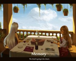 Rule 34 | 2girls, alcohol, arnas (yoru no nai kuni), bad id, bad pixiv id, baguette, basket, blonde hair, blush, bottle, braid, bread, breasts, brown eyes, brown hair, cleavage, closed mouth, cloud, commentary, cork, cup, dating, day, dress, drinking glass, eating, english text, fish, flower, flower pot, food, fork, from side, goggles, goggles on head, hair bun, hair flower, hair ornament, highres, holding, holding fork, holding knife, knife, letterboxed, long hair, lyuritis (yoru no nai kuni), medium breasts, multiple girls, napkin, plant, plate, potted plant, railing, red dress, shirt, single side bun, sitting, sky, smile, table, tablecloth, very long hair, white shirt, wine, wine bottle, wine glass, yoru no nai kuni, yuri, yurichtofen