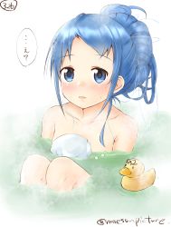 Rule 34 | 10s, 1girl, bathing, black ribbon, blue eyes, blue hair, blush, bubble, collarbone, eyebrows, hair up, highres, kantai collection, long hair, looking at viewer, mae (maesanpicture), motion lines, nude, numbered, parted lips, partially submerged, ribbon, ripples, rubber duck, samidare (kancolle), sidelocks, solo, speech bubble, steam, sweatdrop, swept bangs, twitter username, water