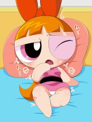 Rule 34 | 1girl, bare arms, bare legs, bare shoulders, blossom (ppg), bow, breasts, dress, hair bow, highres, japanese text, long hair, looking at viewer, one eye closed, open mouth, orange hair, panties, pantyshot, pillow, pink dress, pink eyes, plar0846, powerpuff girls, small breasts, solo, underwear, white legwear, white panties