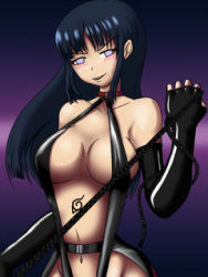Rule 34 | 1girl, artist request, bare shoulders, belt, blue hair, blush, bodypaint, breasts, cleavage, dominatrix, elbow gloves, female focus, femdom, fingerless gloves, gloves, gradient background, hyuuga hinata, large breasts, latex, latex gloves, long hair, lowres, midriff, naruto, naruto (series), naughty face, no bra, no panties, qvga, solo, waistbelt, whip
