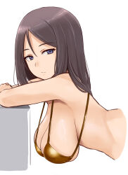 Rule 34 | bent over, bikini, blue eyes, breasts, brown hair, closed mouth, collarbone, commentary request, cropped torso, from side, girls und panzer, gold bikini, hanging breasts, highres, kitayama miuki, large breasts, long hair, looking at viewer, narrow waist, nonna (girls und panzer), sideboob, swimsuit, white background