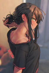 Rule 34 | 1girl, artist name, bare shoulders, black shirt, blurry, blurry background, blush, brown eyes, brown hair, closed mouth, collarbone, commentary request, depth of field, ergot, fingernails, from side, fubuki (kancolle), fubuki kai ni (kancolle), green eyes, hair between eyes, kantai collection, long fingernails, looking at viewer, off shoulder, ponytail, profile, shirt, short ponytail, short sleeves, smile, solo, t-shirt, tan, tanline, upper body