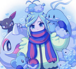 Rule 34 | 1boy, altaria, aqua eyes, aqua hair, bird, blue mittens, cetoddle, closed mouth, commentary request, creatures (company), cubchoo, game freak, gen 2 pokemon, gen 3 pokemon, gen 5 pokemon, gen 8 pokemon, grusha (pokemon), heart, highres, jacket, looking at viewer, male focus, mittens, nintendo, on head, pokemon, pokemon (creature), pokemon on head, pokemon sv, scarf, scarf over mouth, shi (soudana sigurd), sneasel, snom, striped clothes, striped scarf, swablu, upper body, yellow jacket