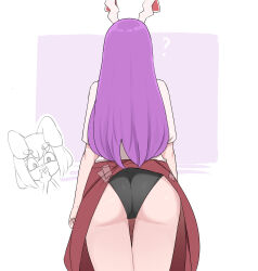 Rule 34 | 2girls, ?, animal ears, ass, ass focus, black panties, chibi, chibi inset, commentary, commission, english commentary, facing away, from behind, highres, inaba tewi, long hair, mata (matasoup), multiple girls, open mouth, panties, prank, purple hair, rabbit ears, red skirt, reisen udongein inaba, shirt, short hair, short sleeves, simple background, skirt, solo focus, tape, thick eyebrows, thigh gap, touhou, underwear, white shirt