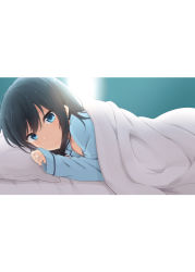 Rule 34 | 1girl, asashio (kancolle), backlighting, bed sheet, black hair, blanket, blue eyes, blush, closed mouth, glint, highres, jewelry, kantai collection, letterboxed, light smile, looking at viewer, lying, nagami yuu, non-web source, on bed, on stomach, pajamas, pillow, ring, sidelocks, smile, solo, under covers