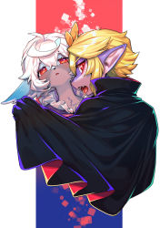 Rule 34 | 1boy, 1girl, animal ears, blonde hair, body fur, cape, cat ears, colored skin, fang, furry, halloween, halloween costume, highres, looking at viewer, open mouth, original, pixiv fantasia, purple skin, red eyes, slit pupils, tongue, tongue out, vampire, white hair, yadayada