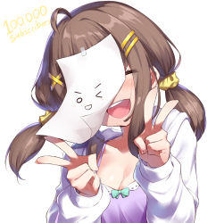 Rule 34 | 1girl, :d, ^ ^, ahoge, blush, breasts, brown hair, camisole, cleavage, closed eyes, collarbone, commentary request, copyright request, double v, closed eyes, facing viewer, fingernails, hair ornament, hair scrunchie, hairclip, hands up, highres, hood, hood down, hooded jacket, hoppege, jacket, long hair, long sleeves, low twintails, medium breasts, milestone celebration, open clothes, open jacket, open mouth, purple camisole, scrunchie, simple background, smile, solo, teeth, twintails, upper body, upper teeth only, v, virtual youtuber, white background, white jacket, x hair ornament, yellow scrunchie