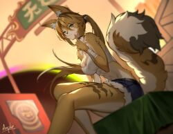 1girl animal_ear_fluff animal_ears arepko bandaged_wrist bandages black_choker blonde_hair blurry blurry_background breasts choker cleavage closed_mouth commentary crop_top denim denim_shorts dusk dutch_angle furry furry_female green_eyes hand_up highres hollow_(zenless_zone_zero) index_finger_raised jaguar_ears jaguar_girl jaguar_tail large_breasts looking_at_viewer navel orange_sky outdoors ponytail pulchra_fellini shirt shorts signature sitting sky solo stomach tail tank_top white_shirt yellow_fur zenless_zone_zero