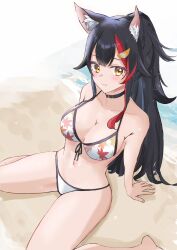 Rule 34 | 1girl, :3, absurdres, animal ear fluff, animal ears, arm support, bare legs, barefoot, beach, bikini, black choker, black hair, blush, breasts, choker, cleavage, closed mouth, commentary, feet out of frame, from above, hair ornament, highres, hiragi 1014, hololive, leaf print, leaning back, long hair, looking at viewer, maple leaf print, medium breasts, multicolored hair, navel, no tail, official alternate costume, ookami mio, ookami mio (hololive summer 2019), orange eyes, ponytail, print bikini, red hair, sitting, smile, solo, stomach, string bikini, swimsuit, two-tone hair, virtual youtuber, wariza, white bikini, wolf ears