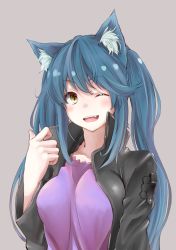 Rule 34 | 1girl, ;d, absurdres, albireo (yumekui merry), animal ears, blue hair, blush, cat ears, cototiworld, fang, grey background, highres, long hair, one eye closed, open mouth, simple background, slit pupils, smile, solo, twintails, yellow eyes, yumekui merry