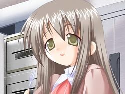 Rule 34 | 1girl, blush, bow, brown hair, cake x 3! ichigo ichie, cupboard, fork, game cg, green eyes, holding, holding fork, kamui yuu, long hair, looking down, lowres, non-web source, open mouth, pale skin, red bow, refrigerator, simple background, sitting, smile, solo, yoshimizu kagami