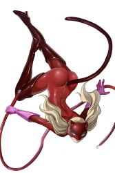 Rule 34 | 1girl, ass, blonde hair, blue eyes, bodysuit, boots, cat mask, cat tail, closed mouth, elbow gloves, fake tail, floating hair, full body, gloves, high heel boots, high heels, highres, holding, holding whip, igusaharu, long hair, looking at viewer, mask, outstretched hand, persona, persona 5, pink gloves, red bodysuit, simple background, smile, solo, tail, takamaki anne, thigh boots, thighhighs, twintails, white background