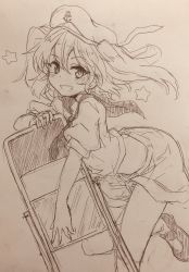 Rule 34 | 1girl, bent over, chair, efukei, folding chair, greyscale, hair between eyes, hat, highres, kitashirakawa chiyuri, kneehighs, leaning on object, long hair, looking at viewer, mary janes, monochrome, neckerchief, sailor, sailor hat, shoes, shorts, smile, socks, solo, standing, standing on one leg, star (symbol), touhou, touhou (pc-98), traditional media, uniform