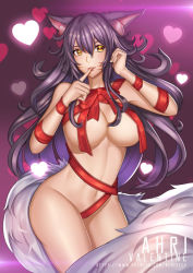 Rule 34 | 1girl, ahri (league of legends), animal ear fluff, animal ears, black hair, breasts, cowboy shot, facial mark, finger to mouth, fox ears, fox tail, hair between eyes, heart, large breasts, league of legends, long hair, looking at viewer, naked ribbon, navel, negister, red ribbon, ribbon, seductive smile, sidelocks, smile, solo, stomach, tail, watermark, wavy hair, web address, whisker markings, yellow eyes
