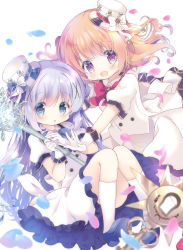 Rule 34 | 2girls, :d, bad id, bad pixiv id, blue bow, blue eyes, blue footwear, blue hair, blurry, blurry foreground, bow, brown hair, commentary request, depth of field, dress, frilled dress, frills, fukaya rin, gochuumon wa usagi desu ka?, hair between eyes, hat, highres, holding, holding staff, hoto cocoa, kafuu chino, long hair, mini hat, mini top hat, multiple girls, open mouth, petals, puffy short sleeves, puffy sleeves, purple eyes, red bow, shoe soles, shoes, short sleeves, simple background, smile, snowflakes, socks, staff, tilted headwear, top hat, very long hair, white background, white dress, white headwear, white legwear