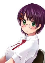 Rule 34 | 1girl, copyright request, from side, glasses, green eyes, hair ornament, hairclip, kozue akari, looking at viewer, looking to the side, neck ribbon, on chair, parted lips, puffy short sleeves, puffy sleeves, purple hair, red-framed eyewear, red ribbon, ribbon, school uniform, shirt, short hair, short sleeves, simple background, sitting, solo, upper body, white background, white shirt