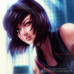 Rule 34 | 1girl, axsen, black hair, brown eyes, face, facial mark, faith connors, light particles, mirror&#039;s edge, solo, tattoo, vest, watermark, web address