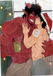 Rule 34 | 2boys, abs, absurdres, bara, beard stubble, blush, body hair, bulge, chest hair, christmas, coffee, coffee mug, colored skin, couple, cup, demon boy, demon horns, english text, erection, erection under clothes, facial hair, fingernails, grey pants, hairy, hand on another&#039;s chest, hat, highres, horns, kiss, kissing cheek, large pectorals, male focus, merry christmas, mug, multiple boys, muscular, muscular male, naked towel, navel, navel hair, nipples, original, pants, pectorals, pointy ears, red skin, santa costume, santa hat, sharp fingernails, short hair, stubble, suyohara, topless male, towel, yaoi