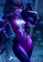Rule 34 | 1girl, armor, blue hair, bodysuit, breasts, chirun, cleavage, collarbone, colored skin, expressionless, gloves, gun, head-mounted display, lipstick, looking at viewer, makeup, medium breasts, navel, overwatch, overwatch 1, pauldrons, ponytail, purple skin, rifle, shoulder armor, skin tight, sniper rifle, solo, watermark, weapon, web address, widowmaker (overwatch), yellow eyes