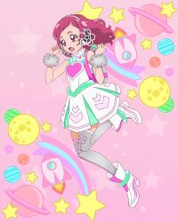 Rule 34 | 1girl, dress, full body, grey thighhighs, headset, highres, hugtto! precure, nono hana, official art, open mouth, pink eyes, pink hair, precure, precure connection puzzlun, short bangs, sleeveless, sleeveless dress, solo, thighhighs, third-party source, white dress, white footwear