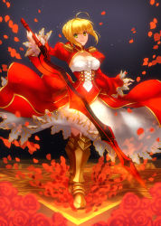 Rule 34 | 1girl, absurdres, ahoge, armor, armored dress, blonde hair, blurry, blurry foreground, boots, braid, braided bun, breasts, bustier, cleavage, closed mouth, dress, fate/extra, fate (series), floating hair, flower, full body, green eyes, hair between eyes, hair bun, hair intakes, highres, holding, holding sword, holding weapon, kankitsurui (house of citrus), knee boots, layered dress, long dress, long sleeves, looking at viewer, medium breasts, nero claudius (fate), nero claudius (fate) (all), nero claudius (fate/extra), red flower, red rose, rose, short hair, shrug (clothing), single hair bun, sleeveless, sleeveless dress, smile, solo, standing, strapless, strapless dress, sword, weapon, yellow dress
