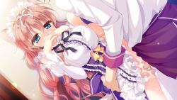 Rule 34 | 1girl, animal ears, black ribbon, blue eyes, blush, breasts, cat ears, cat tail, censored, center frills, cum, detached sleeves, dress, frilled dress, frills, game cg, hair ribbon, half-closed eyes, head out of frame, hug, indoors, large breasts, long hair, long sleeves, maid, maid headdress, mosaic censoring, nae-nae, nekojou hinana, nipples, cum overflow, own hands together, penis, purple dress, pussy, ribbon, solo focus, tail, very long hair, wan nyan a la mode!, white ribbon, wori