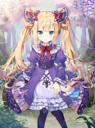 Rule 34 | 1girl, black pantyhose, blonde hair, blue flower, bow, commentary request, day, double bun, dress, field, flower, flower field, green eyes, hair bow, hair bun, highres, juliet sleeves, log, lolita fashion, long hair, long sleeves, luna (shadowverse), outdoors, pantyhose, petals, puffy sleeves, purple dress, red bow, red flower, shadowverse, shoonia, side bun, solo, striped clothes, striped pantyhose, stuffed animal, stuffed toy, tree, twintails, vertical-striped clothes, vertical-striped pantyhose, very long hair