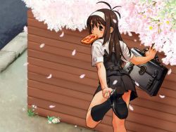 Rule 34 | 1girl, against wall, ahoge, antenna hair, bag, bread slice, brown eyes, brown hair, cherry blossoms, female focus, food, food in mouth, hairband, kneehighs, leaning, looking back, mouth hold, outdoors, petals, putting on shoes, school bag, school uniform, socks, solo, standing, standing on one leg, tanaka kunihiko, toast, toast in mouth, wall, wallpaper