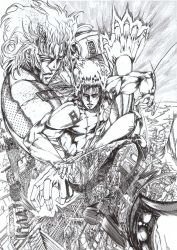 Rule 34 | 1boy, afterimage, apocalypse, arm guards, armor, boots, city, cityscape, closed mouth, commentary request, crack, desert, energy, facing viewer, greyscale, highres, hitting, hokuto no ken, injury, long hair, looking at viewer, male focus, monochrome, multiple views, muscular, muscular male, parted lips, pauldrons, rei (hokuto no ken), ruins, serious, shoulder armor, user majy8437