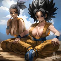 Rule 34 | 2girls, absurdres, alternate breast size, areola slip, big hair, black eyes, black hair, blue footwear, blue sash, blue sky, breasts, breasts apart, butterfly sitting, caulifla, cleavage, cloud, collarbone, dougi, dragon ball, dragon ball super, earrings, elite nappa, finger to cheek, hanging breasts, highres, index finger raised, jewelry, kale (dragon ball), large breasts, multiple girls, no bra, outdoors, ponytail, sash, seiza, sitting, sky, spiked hair, wristband