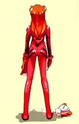 Rule 34 | 1girl, ass, back, bad id, bad pixiv id, bodysuit, boxcutter, bracer, decapitation, from behind, full body, gloves, hair ornament, holding, knife, long hair, long legs, neon genesis evangelion, orange hair, pilot suit, plugsuit, red hair, severed head, shadow, simple background, sketch, solo, souryuu asuka langley, standing, stuffed animal, stuffed toy, two side up, yellow background