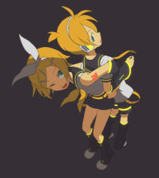 Rule 34 | 1boy, 1girl, back-to-back, brother and sister, kagamine len, kagamine rin, one eye closed, siblings, twins, vocaloid