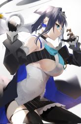 Rule 34 | 1girl, black gloves, black thighhighs, blue bow, blue cape, blue eyes, blue hair, blush, bow, bow earrings, breasts, cape, chain, chain headband, cleavage cutout, clock, clothing cutout, commentary, cowboy shot, crop top, detached sleeves, earrings, english commentary, eyelashes, from side, gloves, hair intakes, head chain, headpiece, highres, holding, holding sword, holding weapon, hololive, hololive english, jewelry, kyoro ina, large breasts, miniskirt, ouro kronii, ouro kronii (1st costume), parted lips, profile, shirt, short hair, side slit, sideboob, simple background, skirt, solo, striped clothes, striped skirt, sword, thighhighs, thighs, vertical-striped clothes, vertical-striped skirt, virtual youtuber, weapon, white background, white shirt