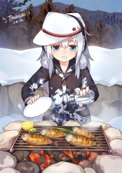 Rule 34 | 1girl, absurdres, alternate costume, blue eyes, blush, breasts, camouflage, camouflage jacket, cooking, dated, downcast, drooling, earmuffs, fire, fire bed, fish, food, fruit, grilling, hair between eyes, hammer and sickle, hand fan, hat, hibiki (kancolle), highres, jacket, kantai collection, lemon, long hair, long sleeves, salt, saury, sidelocks, signature, silver hair, small breasts, smile, snow, solo, tsubasa tsubasa, verniy (kancolle), white hat