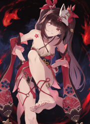 1girl absurdres bare_shoulders barefoot bell black_choker black_gloves black_sash blunt_bangs breasts brown_hair butterfly-shaped_pupils choker cleavage collarbone commentary crazy_eyes criss-cross_halter dark detached_sleeves dress feet fire flower_tattoo fox_mask gloves grin halterneck hands_on_own_hips highres honkai:_star_rail honkai_(series) jingle_bell jojobirdz long_hair long_sleeves looking_at_viewer mark_under_both_eyes mask mask_on_head medium_breasts nail_polish neck_bell o-ring red_dress red_eyes red_nails red_sleeves sash sidelighting sidelocks single_glove sleeveless sleeveless_dress smile soles solo sparkle_(honkai:_star_rail) standing standing_on_one_leg straight_hair symbol-shaped_pupils tattoo thighs toenail_polish toenails toes tsurime twintails very_long_hair wide_sleeves