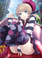 Rule 34 | 1girl, ahoge, argyle, argyle clothes, argyle legwear, bad id, bad pixiv id, between legs, blonde hair, blue eyes, cloud, covering crotch, covering privates, cross-laced footwear, day, glasses, hand between legs, hat, highres, looking at viewer, mole, mole under eye, necktie, open mouth, original, patterned legwear, plaid, plaid skirt, pleated skirt, pokimari, shirt, shoes, short hair, short twintails, skirt, sky, sneakers, solo, striped clothes, striped shirt, thighhighs, twintails, unworn eyewear