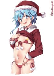 Rule 34 | 1girl, asymmetrical hair, bikini, bikini under clothes, blue eyes, blue hair, christmas, clothes lift, cowboy shot, cropped legs, ebifurya, flat chest, front-tie top, fur-trimmed headwear, fur trim, hat, highres, kantai collection, lifted by self, looking at viewer, micro bikini, minazuki (kancolle), navel, open mouth, pom pom (clothes), red bikini, red shirt, sailor collar, sailor shirt, santa hat, shirt, shirt lift, short hair, side-tie bikini bottom, simple background, solo, standing, swimsuit, swimsuit under clothes, twitter username, white background, white sailor collar