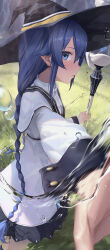 Rule 34 | 1girl, absurdres, bingwei huang, black hat, black skirt, blue eyes, blue hair, braid, closed mouth, female focus, grass, hair between eyes, hat, highres, huge filesize, jacket, long hair, looking at viewer, magic, mushoku tensei, outdoors, pleated skirt, roxy migurdia, sidelocks, skirt, solo, standing, twin braids, very long hair, water, white jacket, witch, witch hat