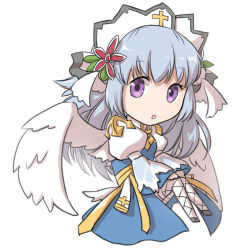 Rule 34 | 1girl, arch bishop (ragnarok online), black footwear, blue dress, blue hair, chibi, cleavage cutout, clothing cutout, commentary request, cross, dress, feathered wings, fishnet thighhighs, fishnets, full body, headdress, juliet sleeves, long hair, long sleeves, looking at viewer, natsuya (kuttuki), open mouth, puffy sleeves, purple eyes, ragnarok online, sash, shoes, simple background, solo, thighhighs, two-tone dress, white background, white dress, white headdress, white thighhighs, white wings, wings, yellow sash