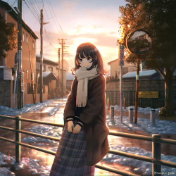 Rule 34 | 1girl, absurdres, against railing, backlighting, black hair, black sweater, blue eyes, blue skirt, brown coat, closed mouth, cloud, coat, hanagamigendai, highres, long hair, long skirt, long sleeves, looking at viewer, mirror, original, outdoors, plaid, plaid skirt, railing, road sign, scarf, scenery, sign, skirt, smile, snow, solo, sunset, sweater, tree, twitter username, utility pole, white scarf