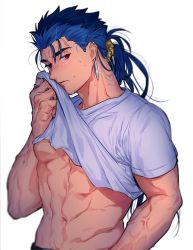 Rule 34 | 1boy, abs, alternate costume, alternate hairstyle, biceps, blue hair, blush, clothes lift, cu chulainn (fate), cu chulainn (fate/stay night), earrings, fang, fate/stay night, fate (series), highres, jewelry, long hair, male focus, messy hair, multiple piercings, muscular, navel, pectorals, red eyes, scrunchie, shirt, shirt lift, simple background, slit pupils, solo, spiked hair, sweat, t-shirt, type-moon, uni (nico02), veins, white background, yellow scrunchie