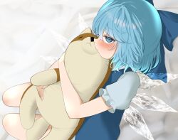 Rule 34 | 1girl, bare legs, blue bow, blue dress, blue eyes, blue hair, blush, bow, cirno, closed mouth, dress, fairy, hair bow, highres, hugging doll, hugging object, ice, ice wings, looking at viewer, mikan (manmarumikan), shirt, short hair, short sleeves, solo, stuffed animal, stuffed dog, stuffed toy, touhou, white shirt, wings