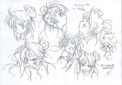 Rule 34 | &gt;:d, 00s, 1girl, 2006, :d, :o, ^ ^, aeru (simoun), blush, clenched teeth, closed eyes, dated, double bun, greyscale, hair bun, long sleeves, monochrome, open mouth, parted lips, pout, production art, short hair, simoun, simple background, sketch, smile, tears, teeth, v-shaped eyebrows, wavy hair, white background