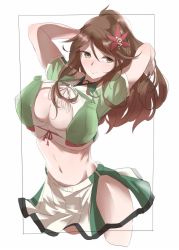 Rule 34 | 10s, 1girl, amagi (kancolle), arms behind head, blush, breasts, brown eyes, brown hair, commentary request, cowboy shot, flower, framed, hair between eyes, hair flower, hair ornament, high ponytail, hisaki (morenabe), japanese clothes, kantai collection, large breasts, leaf, leaf hair ornament, long hair, maple leaf, midriff, mole, mole under eye, navel, ponytail, sidelocks, simple background, smile, solo, white background, wide ponytail
