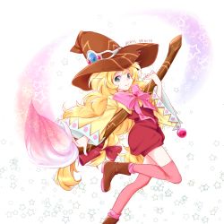 Rule 34 | 1girl, beryl benito, black eyes, blonde hair, boots, brush, character name, freckles, hat, highres, long hair, ribbon, smile, star (symbol), tales of (series), tales of hearts, thighhighs, very long hair, wide sleeves, witch hat