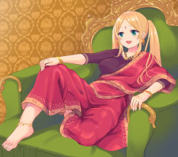 Rule 34 | 1girl, :d, anklet, armchair, bangle, barefoot, black shirt, blonde hair, bracelet, breasts, chair, commentary request, earrings, facial mark, forehead, forehead mark, green eyes, gucchiann, hand on own knee, highres, indie virtual youtuber, jewelry, long hair, medium breasts, nakishaku yogaru, on chair, open mouth, pants, parted bangs, red pants, shirt, short sleeves, smile, solo, twintails, virtual youtuber