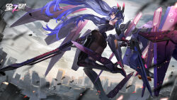 Rule 34 | 1girl, armored boots, ass, asymmetrical dual wielding, bare shoulders, boots, breasts, cherub (starward), cityscape, copyright name, detached sleeves, dual wielding, floating, gun, hair ornament, high heels, highres, holding, holding gun, holding sword, holding weapon, large breasts, long hair, mecha musume, mechanical wings, official art, official wallpaper, pantyhose, purple eyes, purple hair, shorts, skin tight, sky, starward, sword, very long hair, weapon, wings
