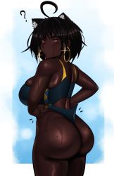 Rule 34 | 1girl, ahoge, ahoge cat girl (kevbot), animal ears, ass, backboob, bare arms, black hair, black one-piece swimsuit, blush, breasts, cat ears, competition swimsuit, dark-skinned female, dark skin, extra ears, from behind, highres, kevbot, large breasts, looking at viewer, looking back, one-piece swimsuit, original, red eyes, shiny skin, short hair, sitting, solo, swimsuit, tight clothes, very dark skin, wet